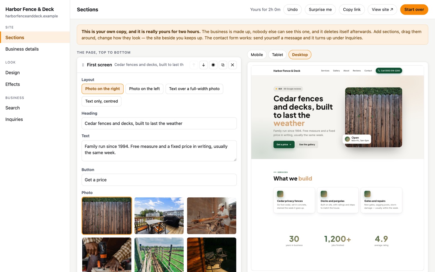 The panel: sections of the page on the left, a live preview of the site on the right